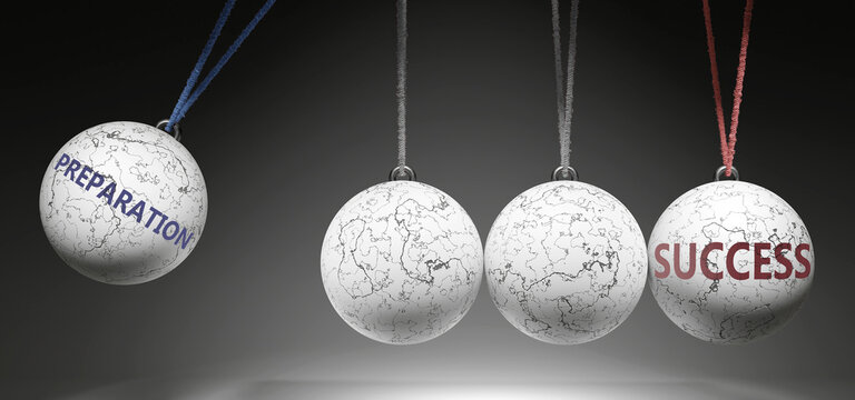 Preparation and Success - cause and effect relationship. A Newton cradle metaphor showing how preparation results in success. It initiates success. ,3d illustration