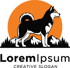 Siberian husky dog logo standing before mountain forest landscape with sunset circle background, modern wildlife mascot emblem for outdoor brand, adventure company or pet business. © Amit World