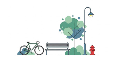 Obraz premium A vibrant illustration of a bicycle, bench, and street lamp in a park setting.