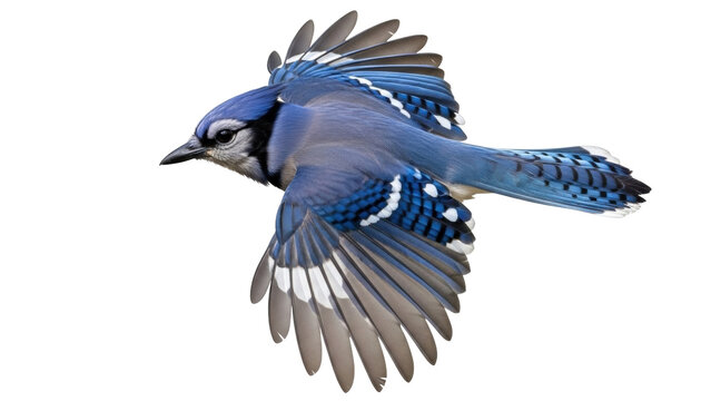 Isolated Blue Jay in Flight, Colorful American Songbird with Detailed Plumage and Spread Wings