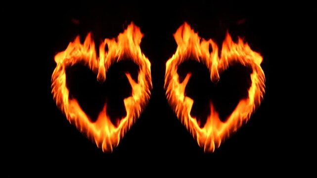 Two hearts made of fire, floating on a black background, with warm tones