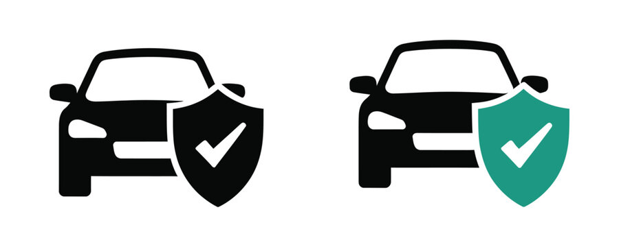 Car protection and safety icons with shield and checkmark