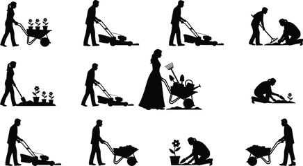 Silhouette set of people gardening mowing lawn and planting flowers with wheelbarrow lawnmower rake and shovel for landscaping and backyard. © Shain