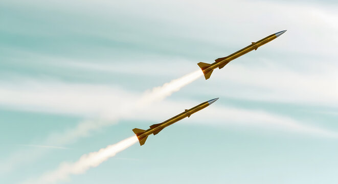 Twin Golden Missiles Launching with White Smoke Trails Against Pale Blue Sky. Dynamic aerial illustration of two sleek golden missiles or rockets ascending in parallel formation