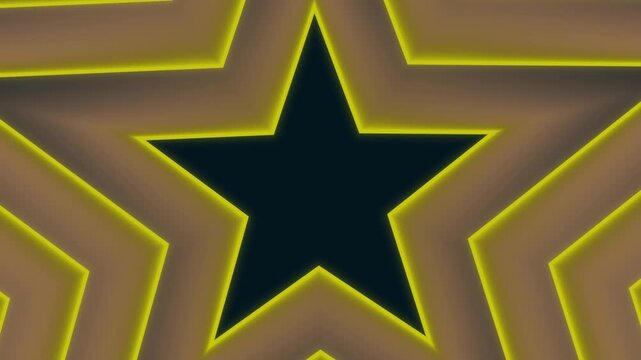 Futuristic star motif surrounded by repeating yellow zigzag lines on a dark brown backdrop, emphasizing depth, dimension, and technological aesthetics.