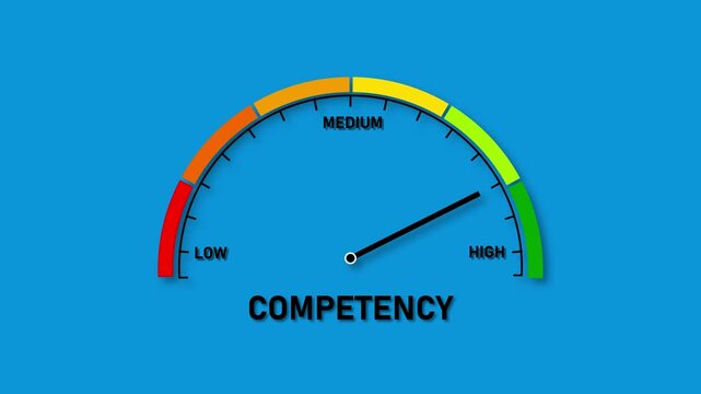 Competency Gauge Meter Showing High Skill Level on Blue Background scale