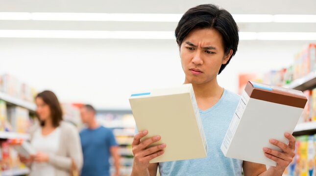 Confused Asian man comparing two food products in supermarket aisle. Shopper reading labels to make a choice. Consumer decision concept