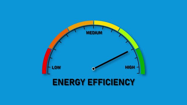 Energy efficiency gauge showing high level on a blue background with a semi-circular dial and colored segments