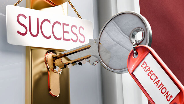 Expectations leads to Success - it's a key to unlock success. A door key metaphor showing how expectations is a key to access success. It's a necessary element to open success. ,3d illustration