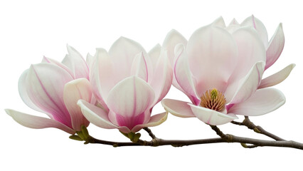 Isolated branch of magnolia blossom showing white petals and pink highlights, spring bloom © Aino