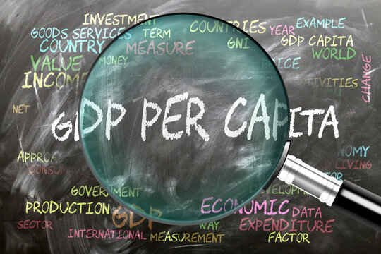 Gdp Per Capita being studied, examined - under close inspection. Most important subjects and ideas closely related to gdp per capita. ,3d illustration