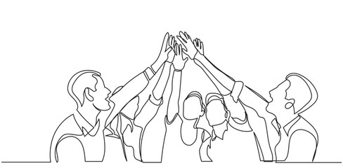 Obraz premium One line drawing of a business team high-fiving, symbolizing teamwork, unity, and success. continuous line businessmen and businesswomen celebrating their successive goals vector illustration
