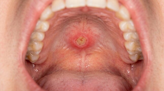 Close-up view of a painful canker sore or aphthous ulcer on the roof of the mouth, showing inflammation and a yellowish center.
