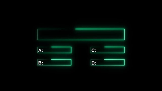 Minimalist quiz line animation with option selection concept on black background. Glowing neon cyan quiz template challenge with choice option A,B,C and D.