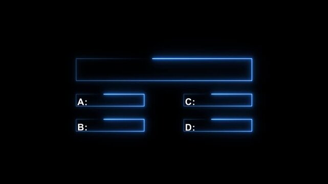 Minimalist quiz line animation with option selection concept on black background. Glowing neon blue quiz template challenge with choice option A,B,C and D.