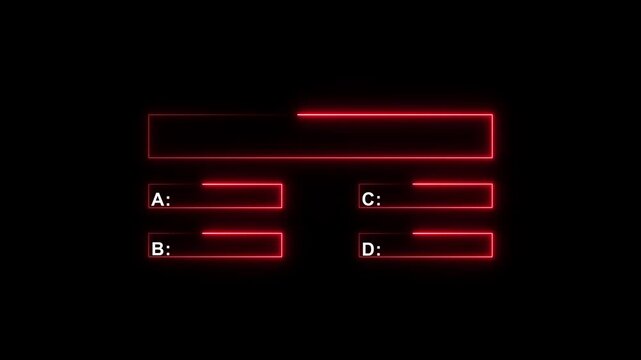 Minimalist quiz line animation with option selection concept on black background. Glowing neon red quiz template challenge with choice option A,B,C and D.