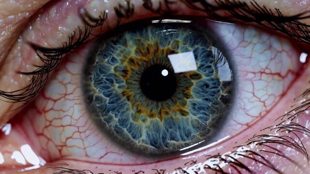 Highresolution Image Of Eye With Diagnostic Tools. Macro Shot Capturing Iris Details In Medical Setting. Closeup View Emphasizing Iris Features And Clinical Environment During Biometric Assessment