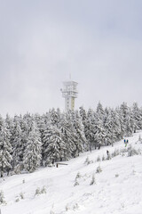 Fototapeta premium Telecommunication tower on snowy hill surrounded by winter forest. Antenna infrastructure rising above snow-covered trees in cold mountain landscape.