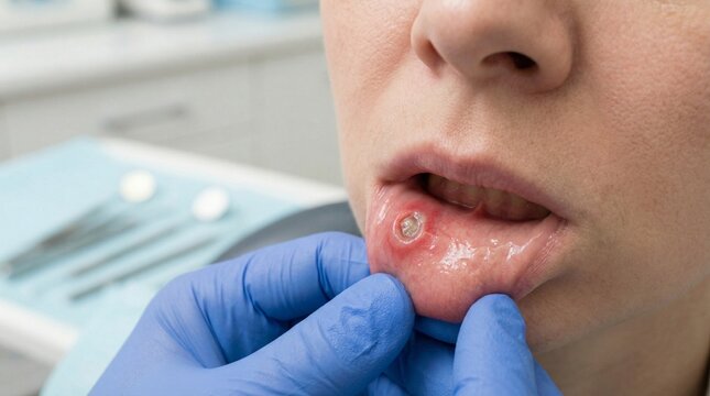 Close-up of a person's mouth showing a canker sore on the lower lip being examined by a gloved hand in a medical setting.