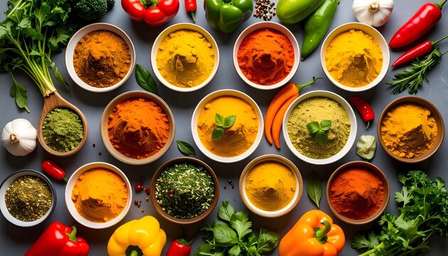 Overhead View of Colorful Spices and Fresh Vegetables, Culinary Ingredients