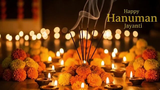 Happy Hanuman Jayanti Festival Greeting Background with Hanuman Silhouette Temple Warm Light