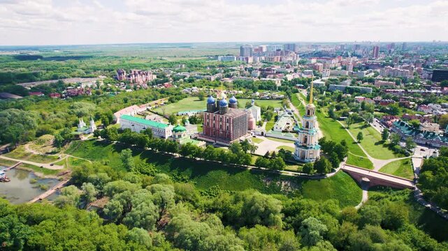 Aerial view of the Ryazan Kremlin and the Dormition Cathedral on a bright sunny summer day