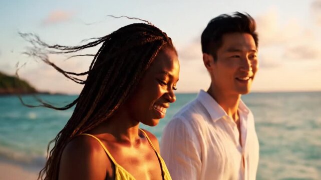 Ultra-realistic close-up cinematic video of a Black woman and an Asian man smiling and walking hand in hand on a paradisiacal beach in northeastern Brazil at sunset.