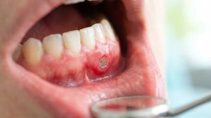 Close-up view of an inflamed gum surrounding a dental implant in a patient's mouth during a dental examination.