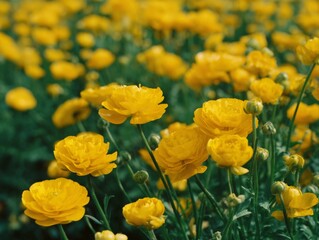 Obraz premium A close-up view of a group of bright yellow flowers, possibly poppies, growing lush and full in a field.