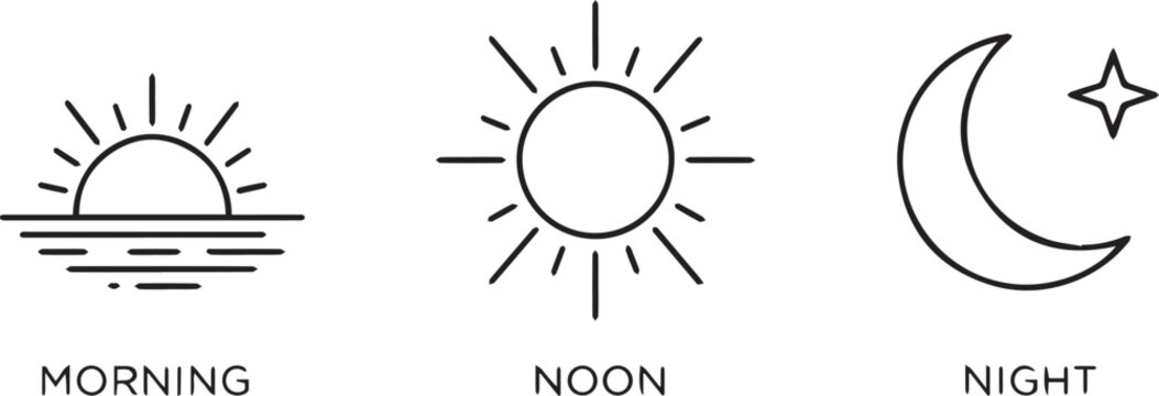 Morning, Noon, and Night Time of Day Icons Set. Minimalist line art vector illustration for scheduling and weather applications.
