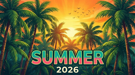 Obraz premium Illustration of palms against sunset sky, evoking tropical vacation. Symbolizes summer, travel, and escape, with date for future event, year 2026