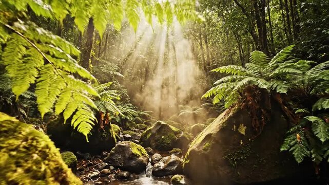 Sunlit ferns and mossy rocks in a dense emerald forest under striking rays