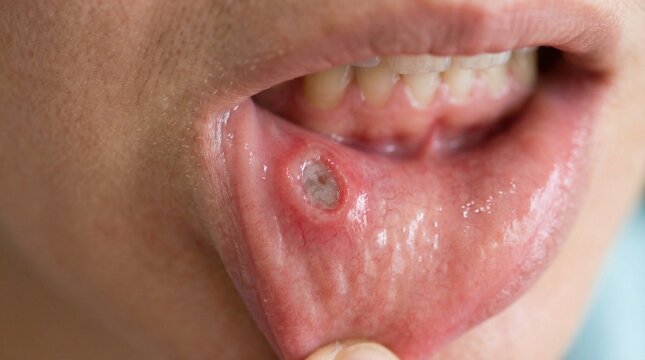Close-up view of a painful canker sore on the inside of a person's lower lip, showing inflammation and a white ulcer.