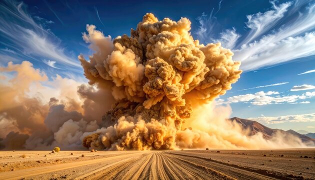 Massive Desert Explosion Creates Towering Cloud Against Blue Sky