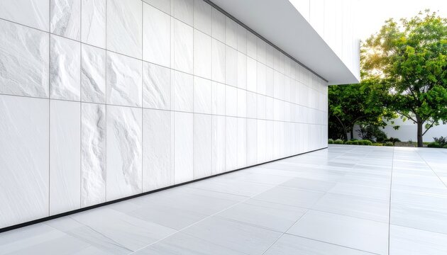 Modern white exterior architectural space with textured wall and greenery contrast
