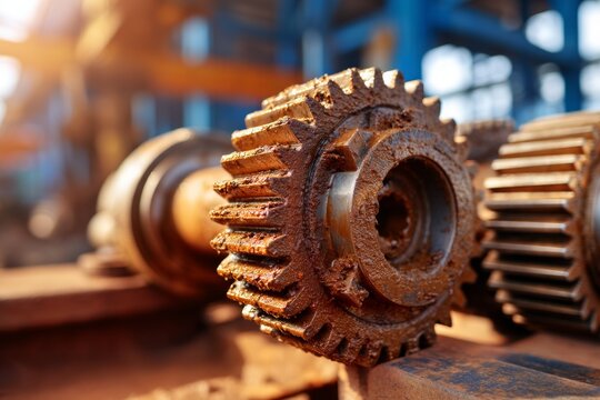 Rusty Gears in Industrial Setting Showcasing Dried Oil and Equipment Shutdown
