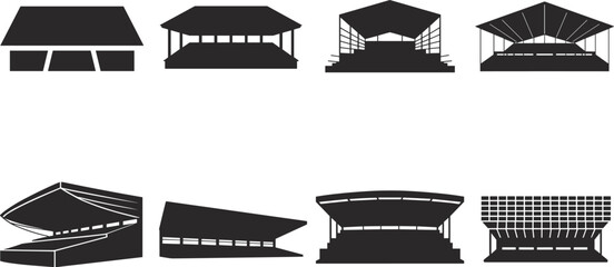 Sports stadium grandstand silhouettes collection arena tribune seating structures vector icons set isolated architecture for football baseball event venues © Itz Rakib