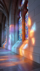 Fototapeta premium A stunning stained glass window in a cathedral, casting colorful light onto the floor and walls of an arched alcove