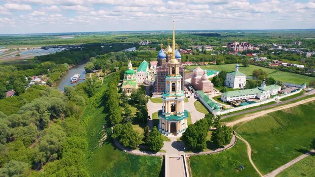 Scenic aerial view of the historic Ryazan Kremlin architectural ensemble and the Trubezh River