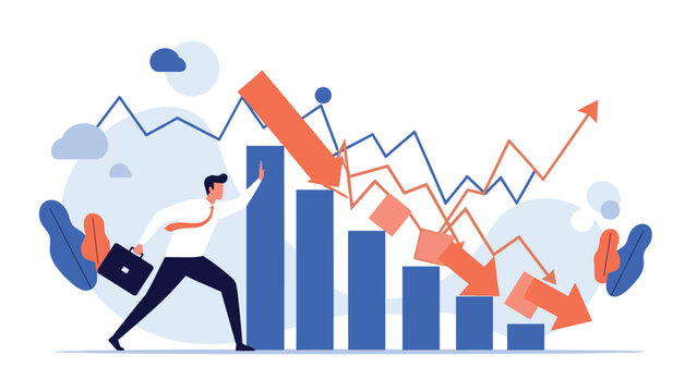 Businessman putting forth great effort to push back against large falling financial bar graph with red downward arrows representing recession.