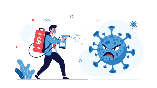 Professional male worker wearing mask sprays disinfectant to kill giant virus monster representing the fight against pandemic.