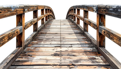 Fototapeta premium An aged, weathered wooden bridge curves upwards, seemingly leading into darkness