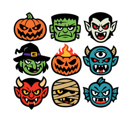Fototapeta premium Collection of creepy cartoon monster faces for Halloween party decorations, avatar profiles, and festive vector icons