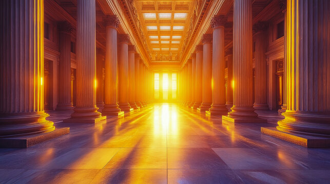 Majestic Grand Hallway with Symmetrical Classical Columns Bathed in Golden Light, Leading Towards Radiant Horizon, Evoking Awe and Serenity