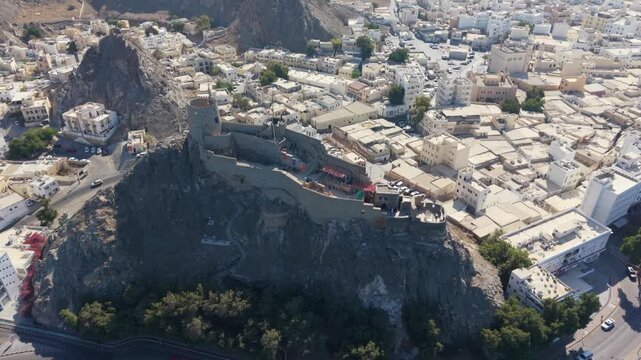 Aerial Drone View of Mutrah Fort Overlooking Corniche, Muscat, Oman
