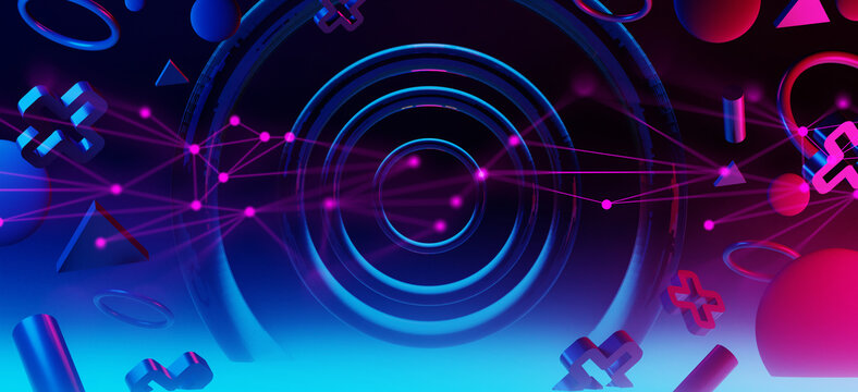 abstract backgound video game of scifi gaming cyberpunk, vr virtual reality simulation and metaverse, scene stand pedestal stage, 3d illustration rendering, futuristic neon glow room