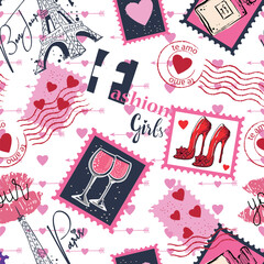 Fashion seamless pattern. Bonjour Paris. pattern with original calligraphic fonts, sketch Eiffel Tower and heart. for  fashion clothes, t shirt, child, wrapping paper. Creative girlish design   © SokolArtStudio