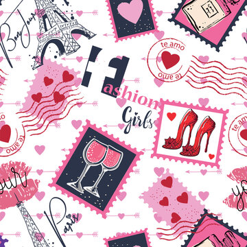 Fashion seamless pattern. Bonjour Paris. pattern with original calligraphic fonts, sketch Eiffel Tower and heart. for  fashion clothes, t shirt, child, wrapping paper. Creative girlish design  