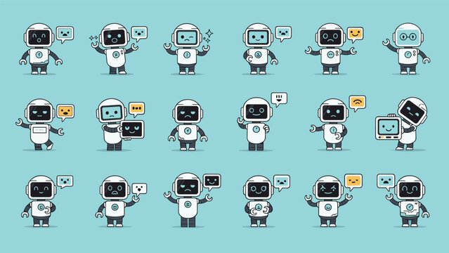 Set of cute white robots showcasing diverse facial expressions and digital emoticons for customer service and technology interfaces.