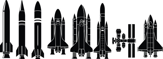 Space exploration silhouettes, rockets illustration, space shuttle design, futuristic spacecraft vector, orbital station artwork, astronaut technology icon, cosmic travel symbol © MDMORSALIN